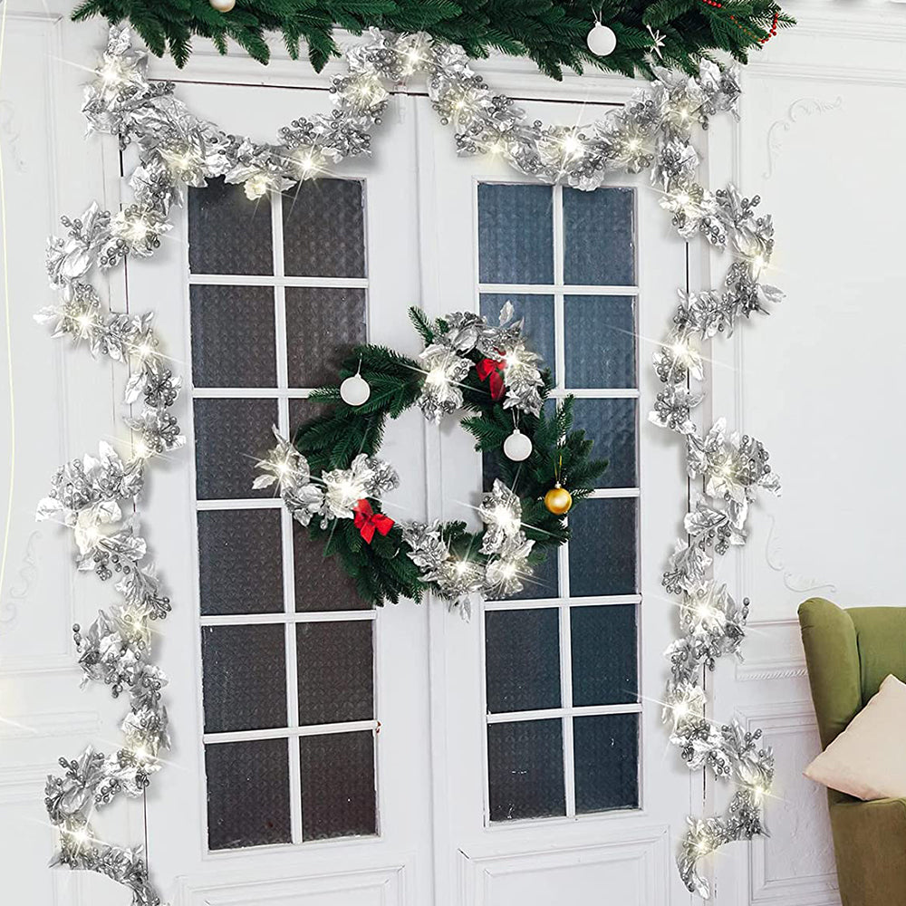 2M Artificial Silver Leaves Red Berry Christmas Garland with Lights