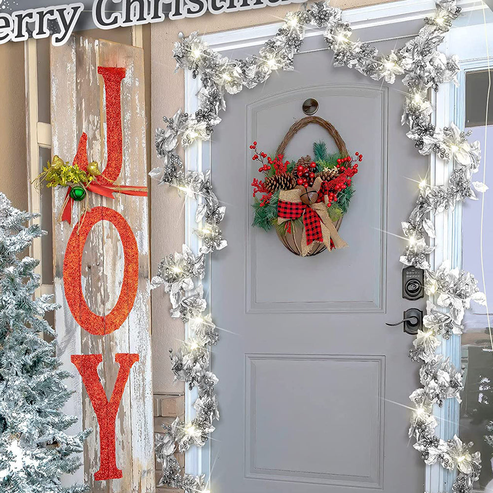 2M Artificial Silver Leaves Red Berry Christmas Garland with Lights