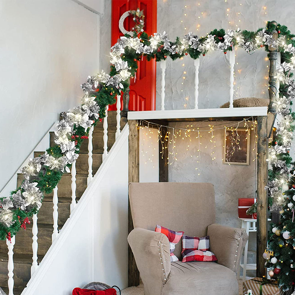 2M Artificial Silver Leaves Red Berry Christmas Garland with Lights