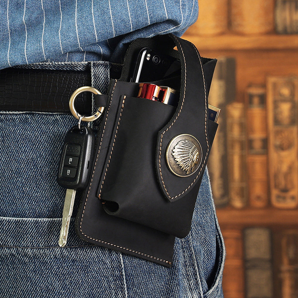 Mens Leather Mobile Phone Bag Waist Belt Bag Black
