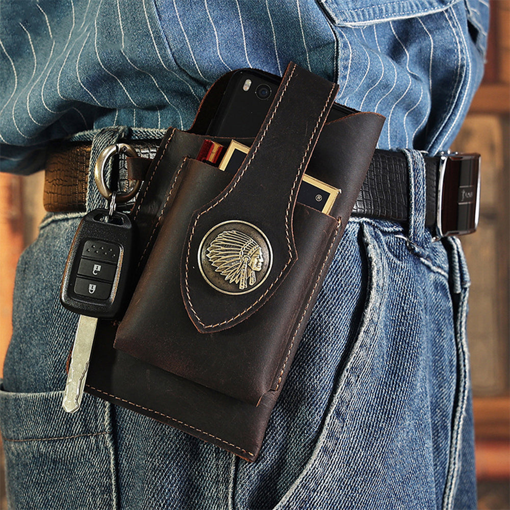 Mens Leather Mobile Phone Bag Waist Belt Bag Black