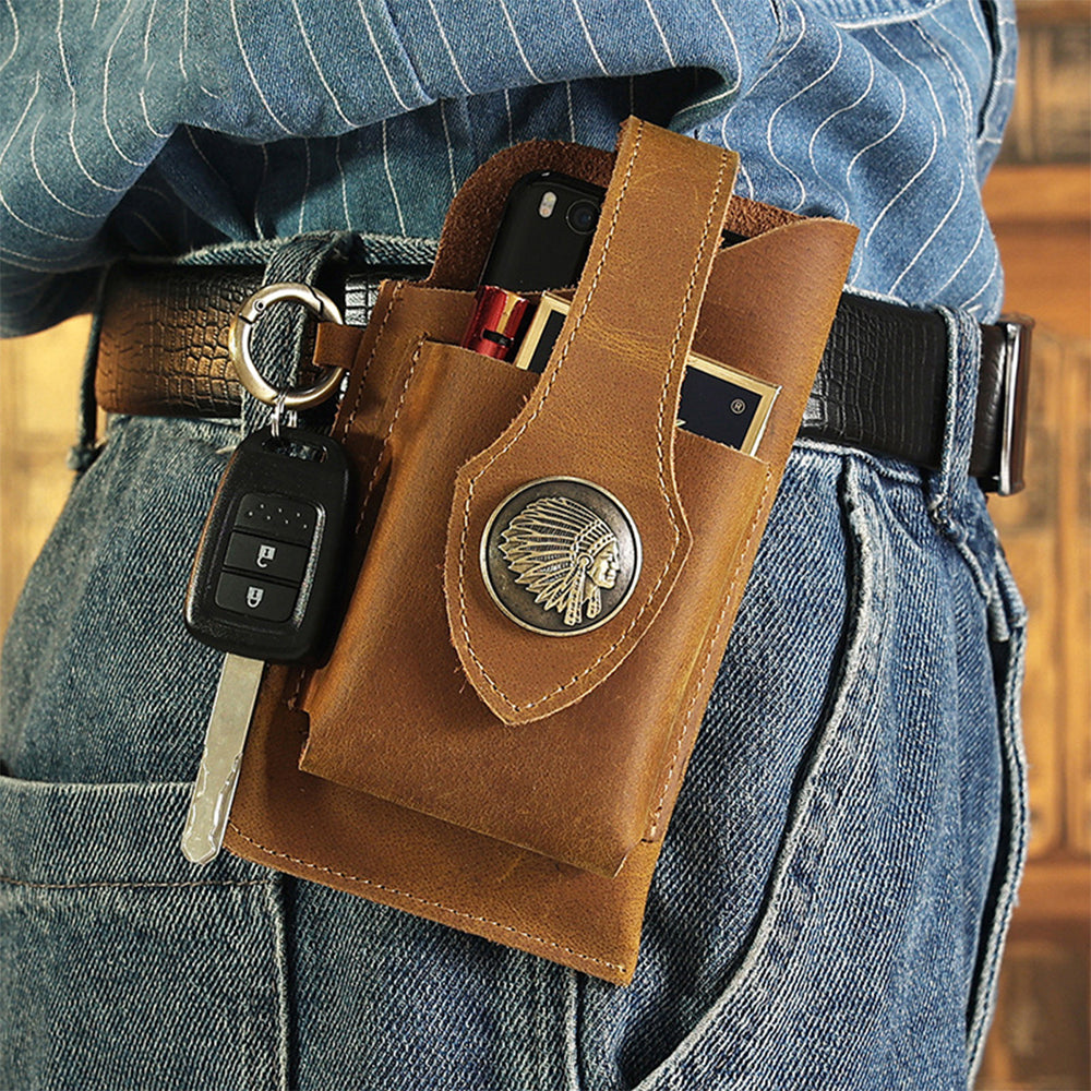Mens Leather Mobile Phone Bag Waist Belt Bag Brown
