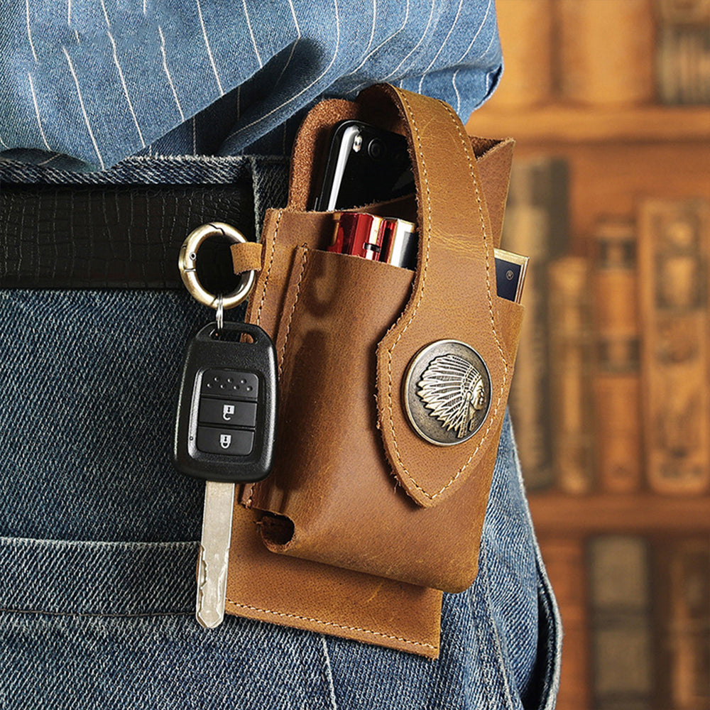 Mens Leather Mobile Phone Bag Waist Belt Bag Brown