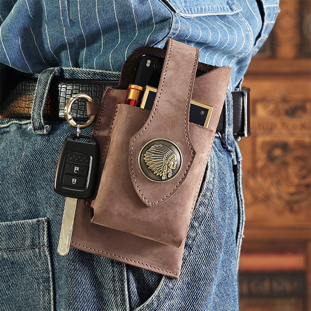 Mens Leather Mobile Phone Bag Waist Belt Bag Khaki