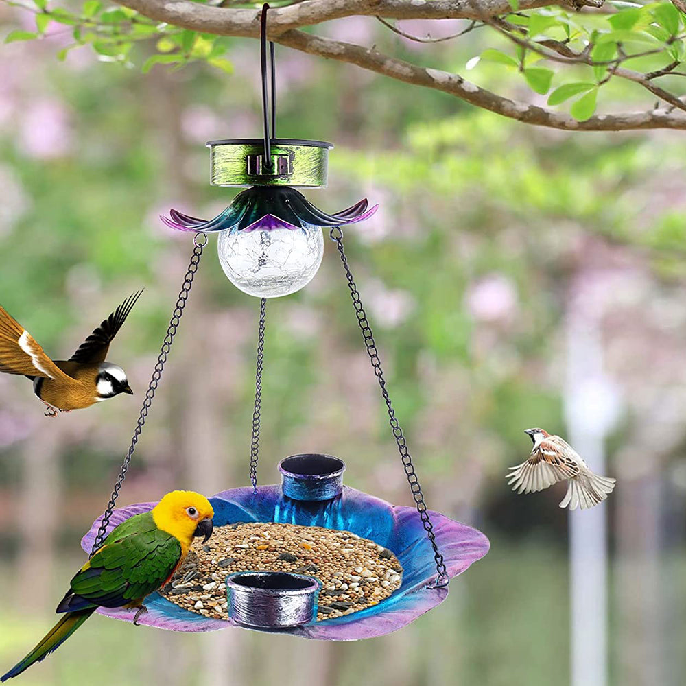 Hanging Iron Wrought Bird Feeder with Solar Light