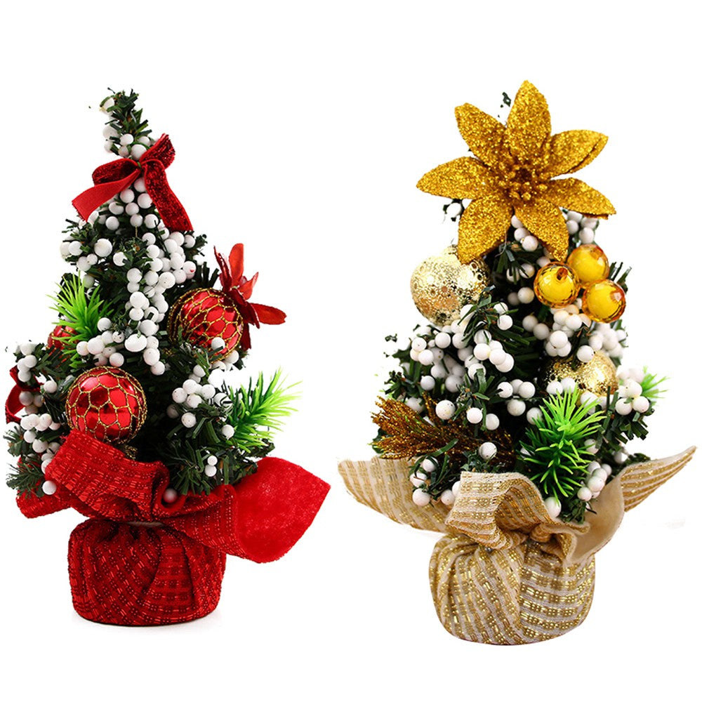 2Pcs 20cm Tabletop Mini Artificial Christmas Tree Ornaments Red Gold