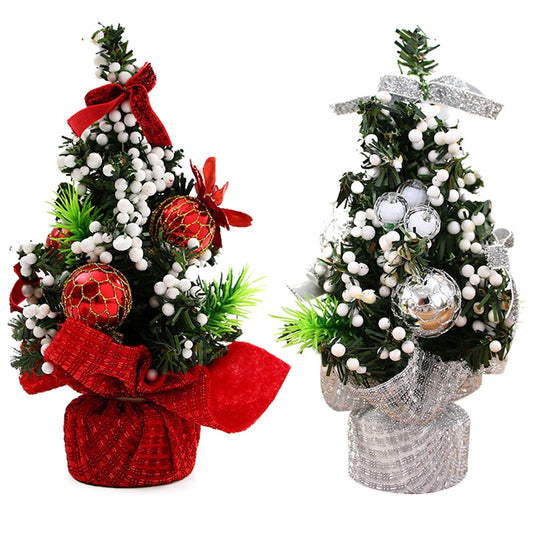 2Pcs 20cm Tabletop Mini Artificial Christmas Tree Ornaments Red Silver