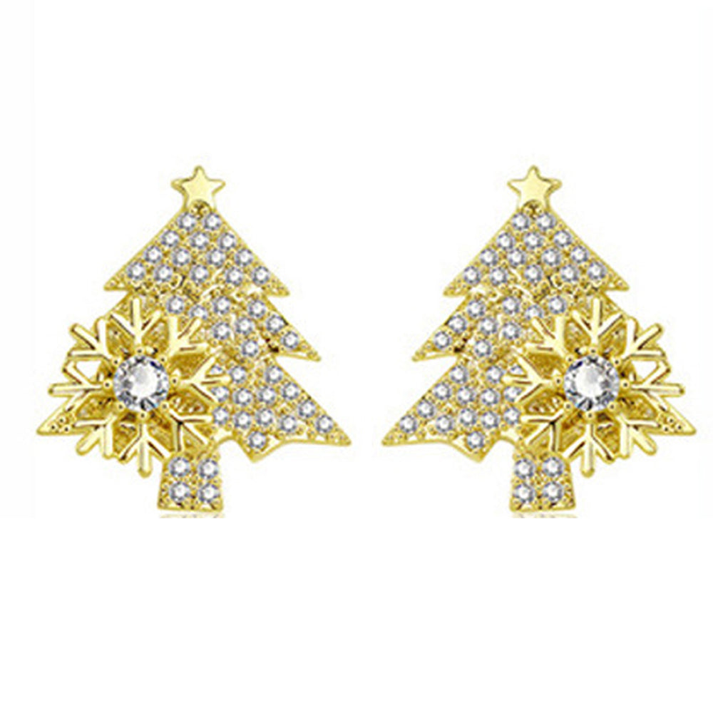 Pair of Christmas Tree Rotating Snowflake Stud Earrings Gold