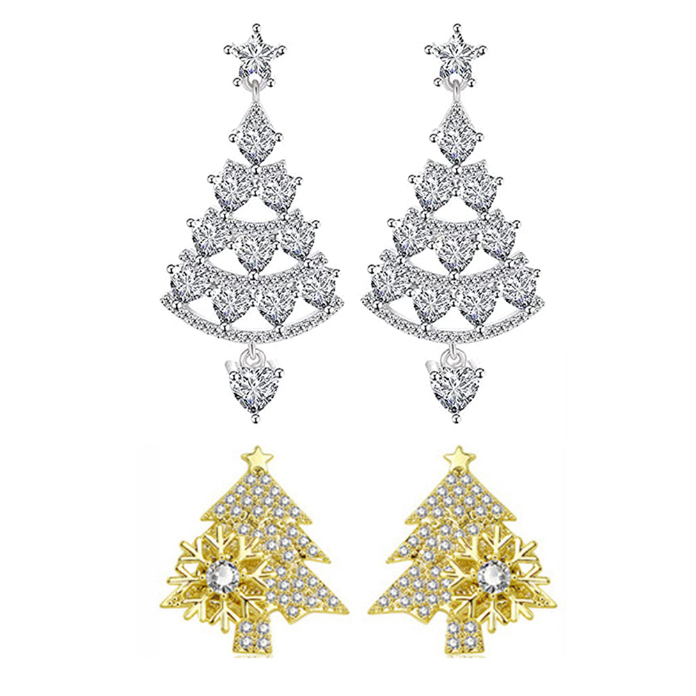 2 Pairs of Christmas Tree Rotating Snowflake Stud Earrings Gold Silver