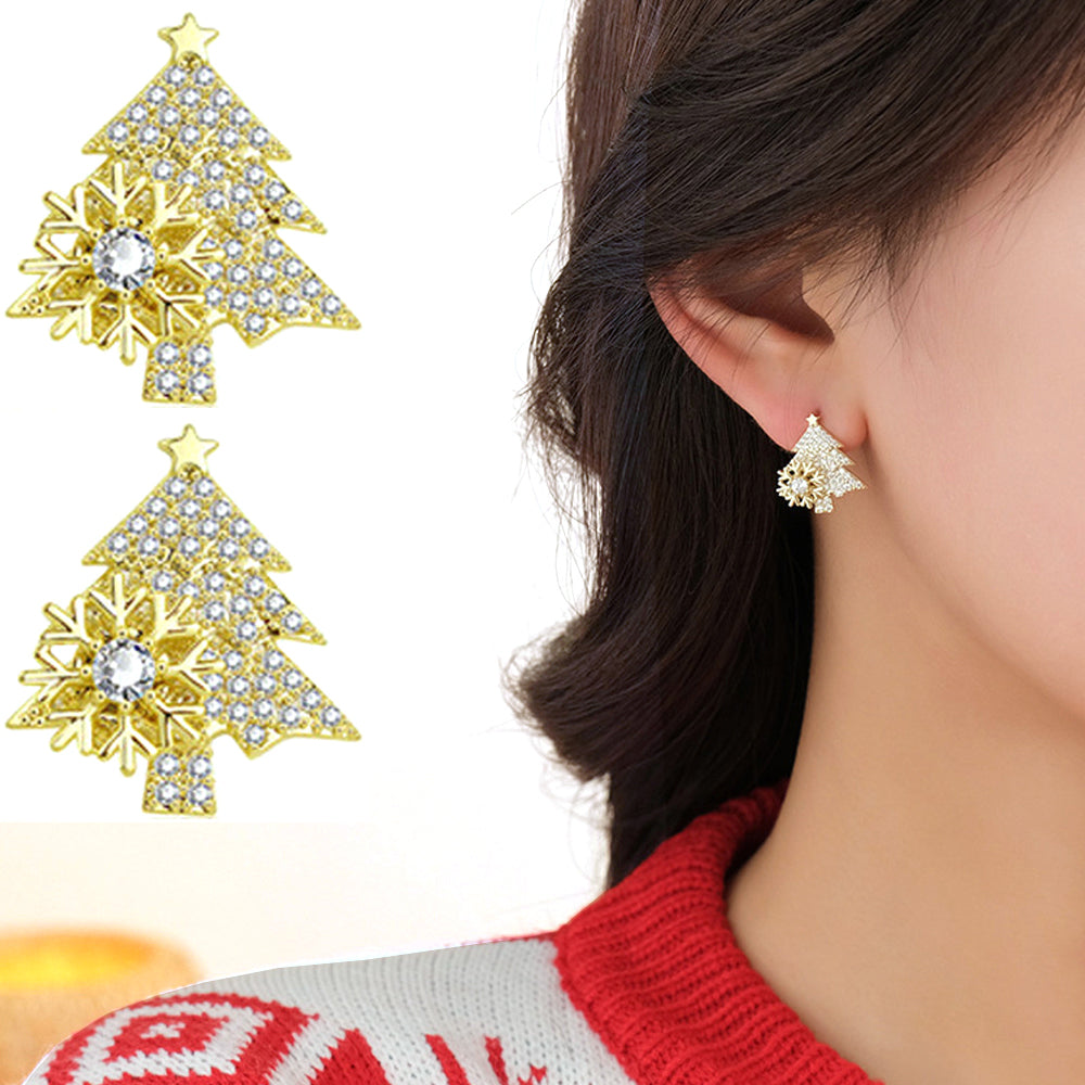 2 Pairs of Christmas Tree Rotating Snowflake Stud Earrings Gold Silver