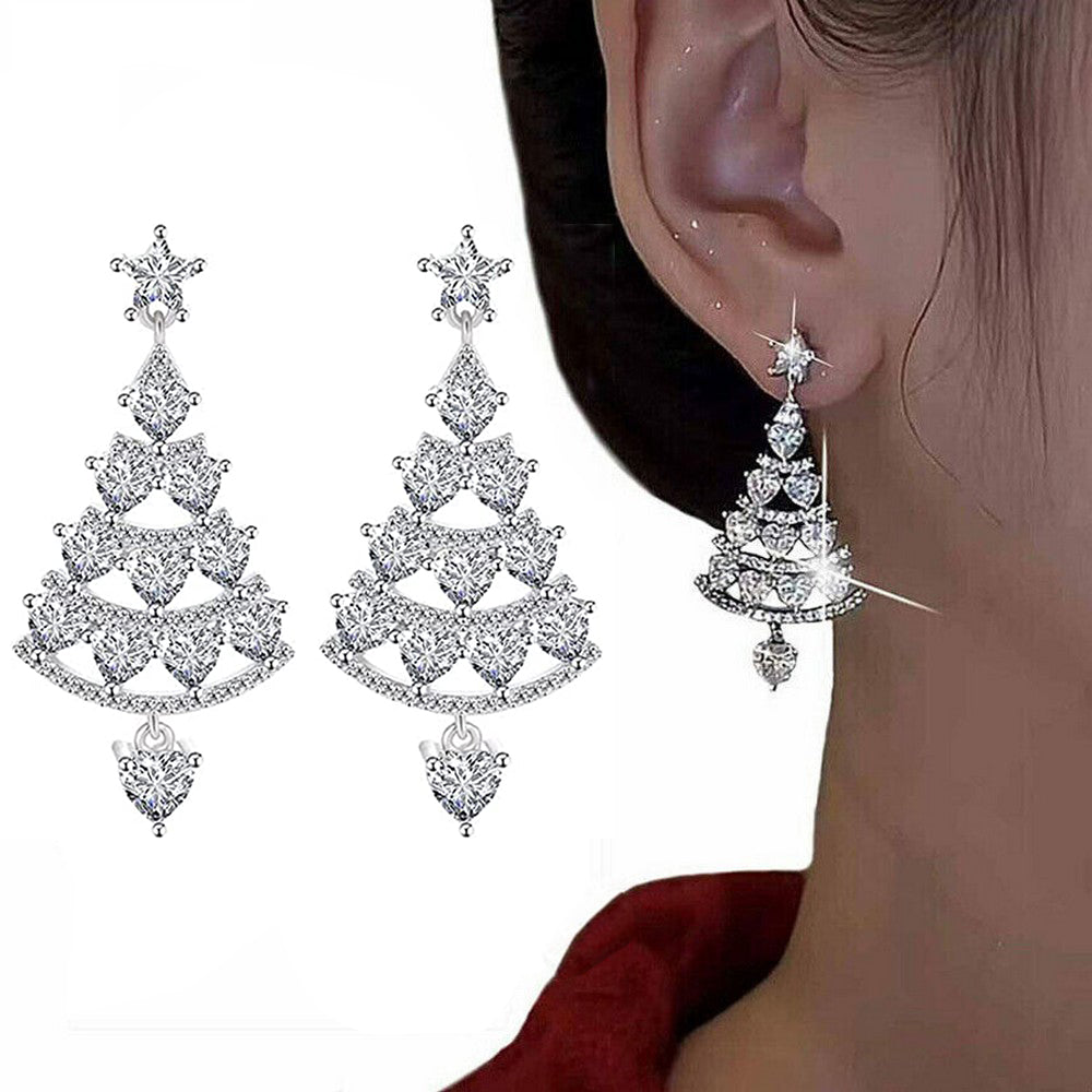 2 Pairs of Christmas Tree Rotating Snowflake Stud Earrings Gold Silver