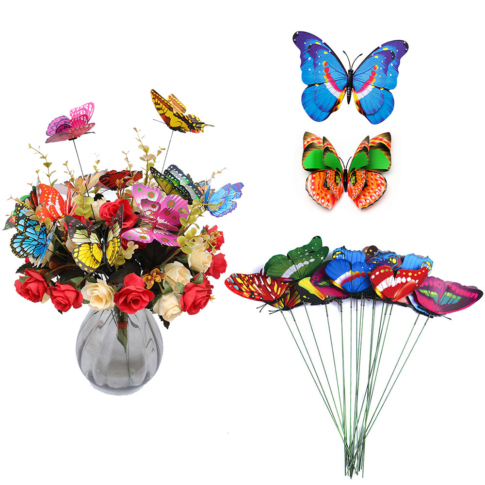 50Pcs Double Layer Wings Butterfly Stakes Plant Pot Ornament Color Random