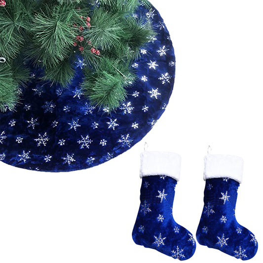 90cm Blue Christmas Tree Skirt with 2 Plush Christmas Stocking