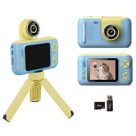 Kids Camera Flip Lens Camera 1080P Action Camera Digital Camera Tripod Camera with Card Blue