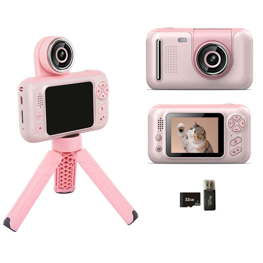 Kids Camera Flip Lens Camera 1080P Action Camera Digital Camera Tripod Camera with Card Pink