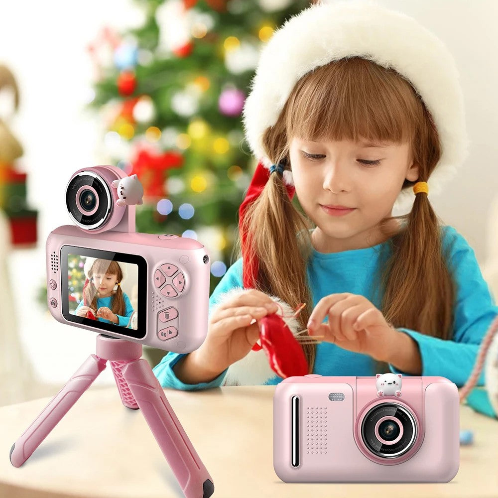 Kids Camera Flip Lens Camera 1080P Action Camera Digital Camera Tripod Camera with Card Pink