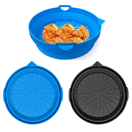 2Pcs Foldable Air Fryer Silicone Pot Oven Baking Pan Air Fryer Liner Black Blue