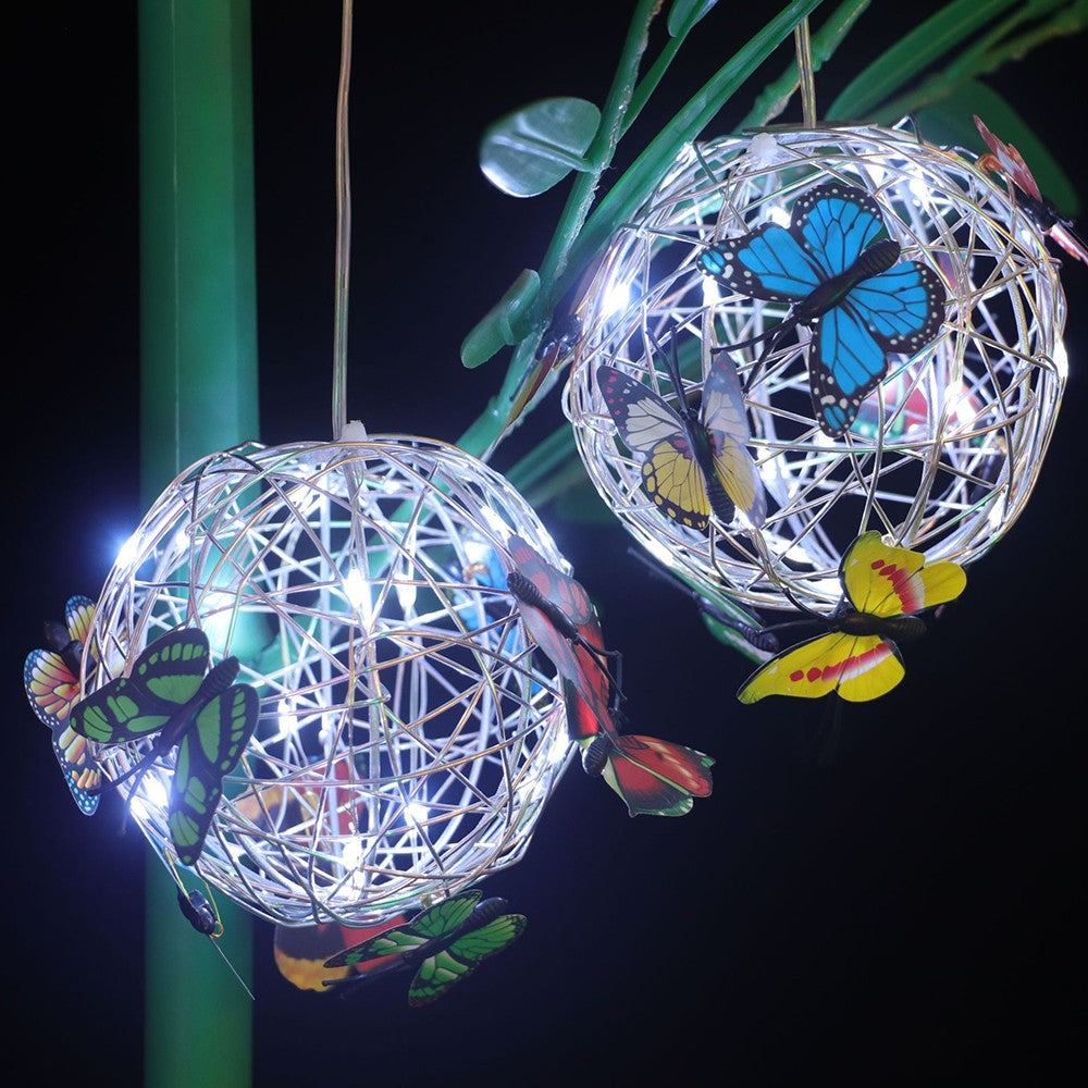 2Pcs Solar Butterfly Pendant Ball Light Outdoor Hanging Lamp White Lights