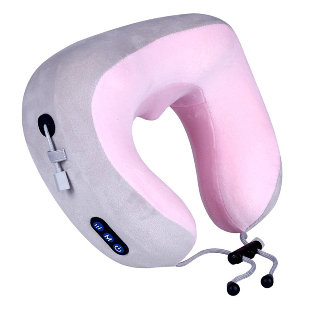 Travel U Shaped Neck Massage Pillow Heating Vibrating Neck Support Pillow Pink