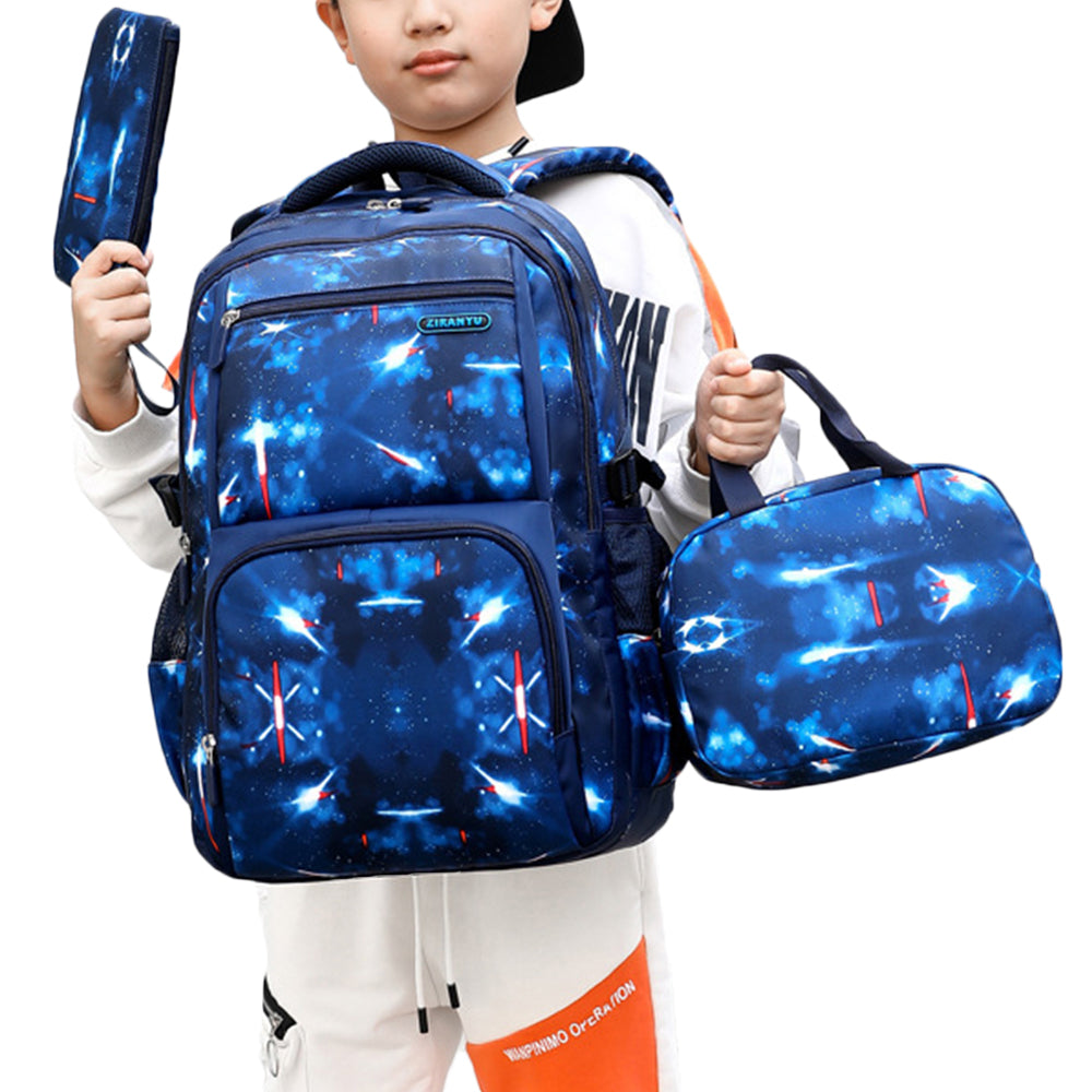3Pcs Boys School Backpack Bags Lunch Bag Pencil Case Teens Bookbag Blue