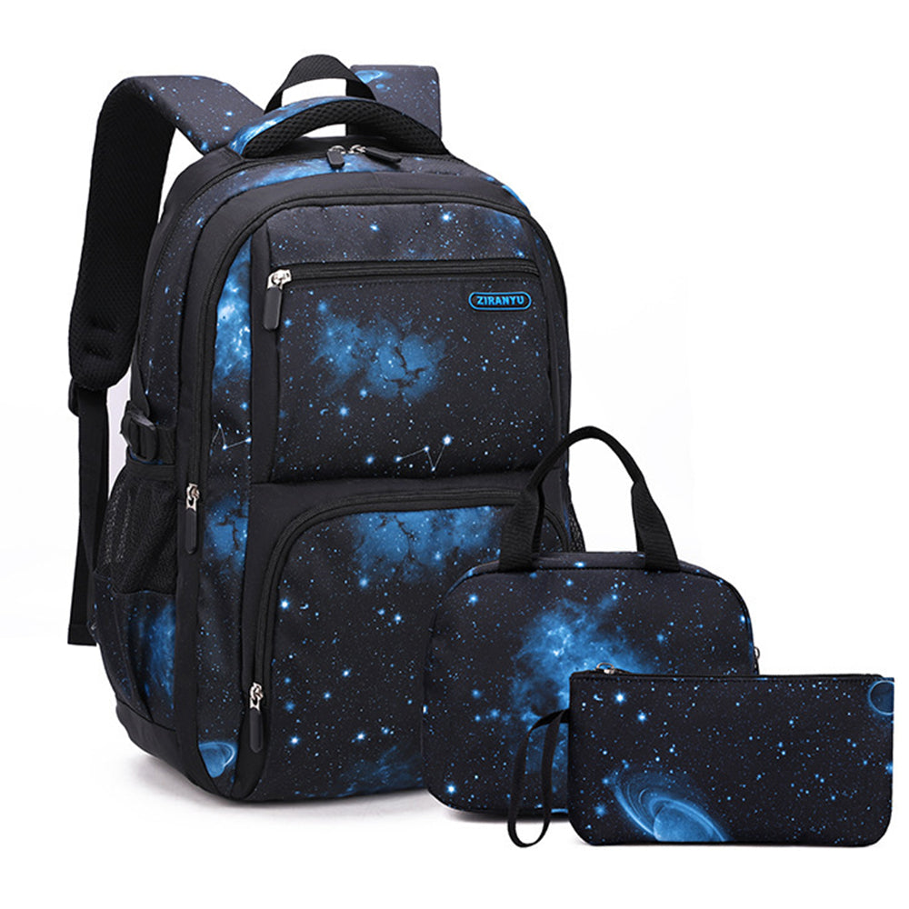 3Pcs Boys School Backpack Bags Lunch Bag Pencil Case Teens Bookbag Blue Galaxy
