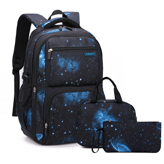 3Pcs Boys School Backpack Bags Lunch Bag Pencil Case Teens Bookbag Blue Galaxy