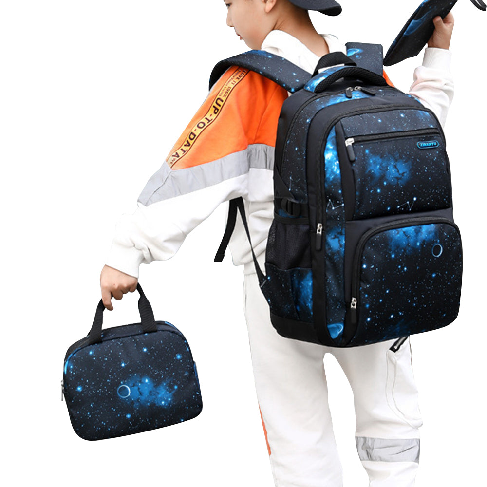 3Pcs Boys School Backpack Bags Lunch Bag Pencil Case Teens Bookbag Blue Galaxy