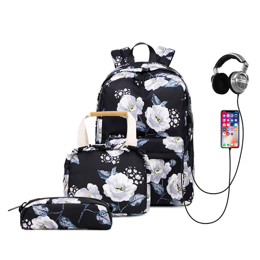3Pcs Backpack Lunch Bag Pencil Case School Teens Bookbag Set Rucksack Black