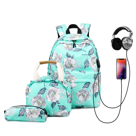 3Pcs Backpack Lunch Bag Pencil Case School Teens Bookbag Set Rucksack Green