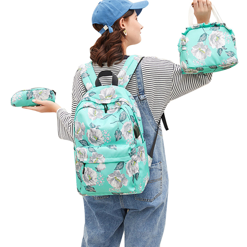 3Pcs Backpack Lunch Bag Pencil Case School Teens Bookbag Set Rucksack Green
