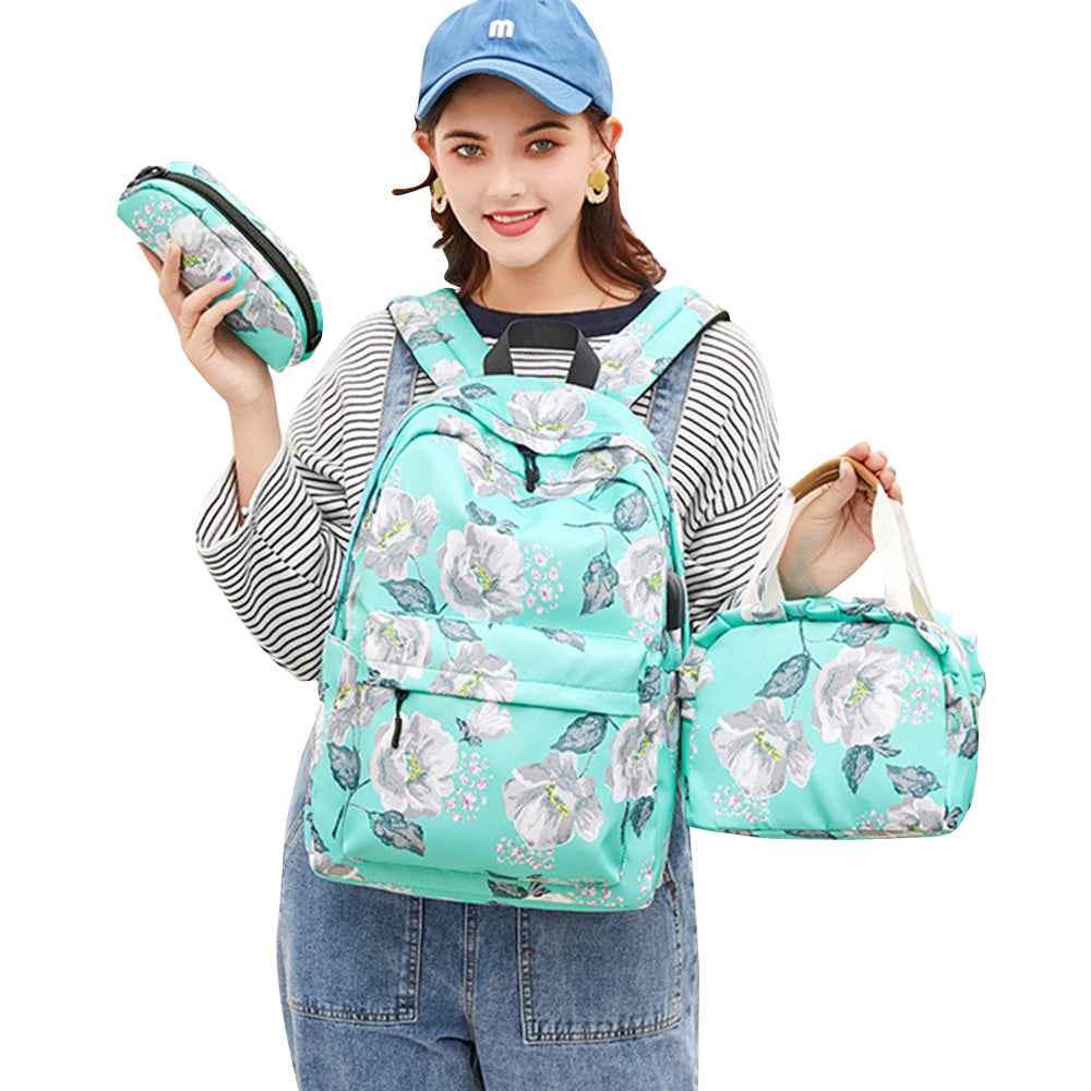 3Pcs Backpack Lunch Bag Pencil Case School Teens Bookbag Set Rucksack Green
