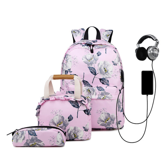 3Pcs Backpack Lunch Bag Pencil Case School Teens Bookbag Set Rucksack Pink