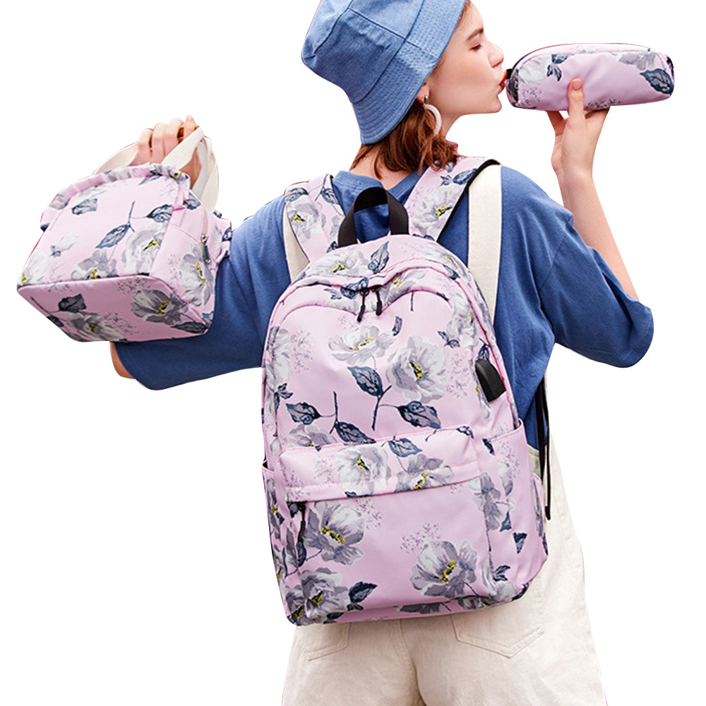 3Pcs Backpack Lunch Bag Pencil Case School Teens Bookbag Set Rucksack Pink