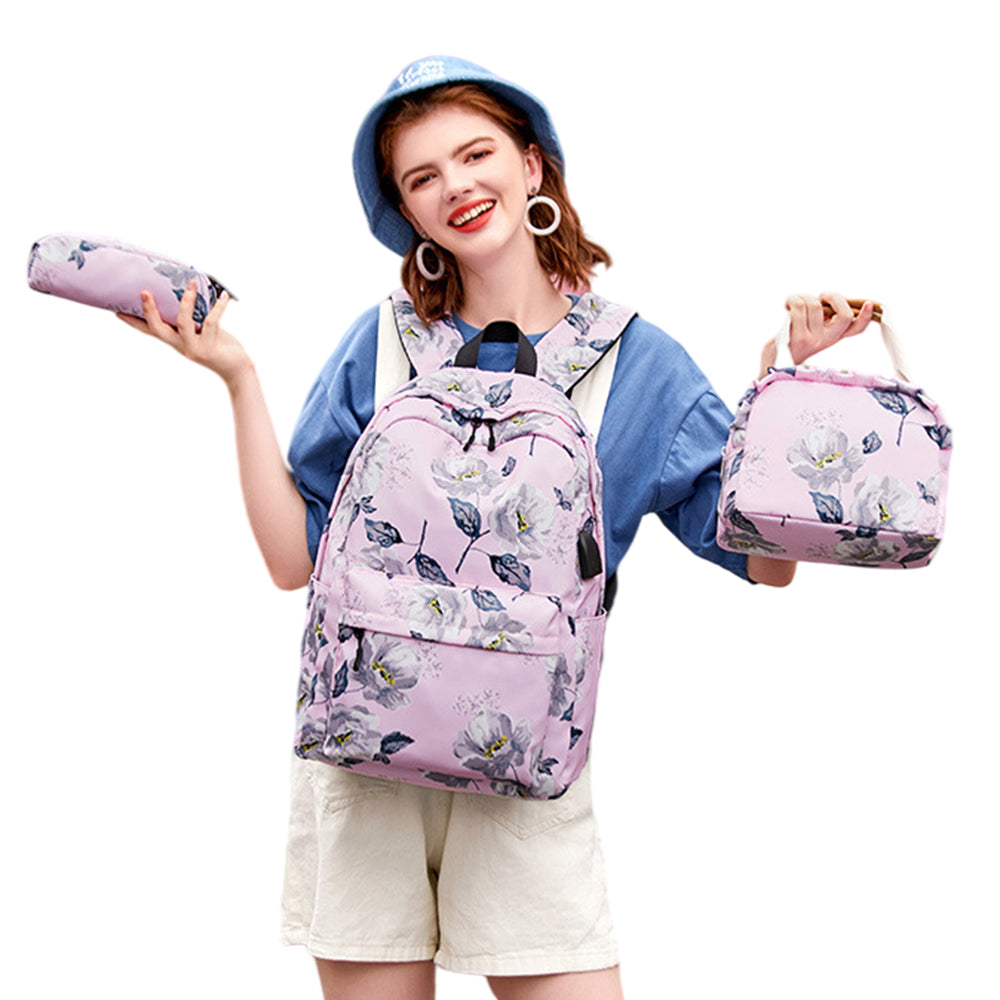 3Pcs Backpack Lunch Bag Pencil Case School Teens Bookbag Set Rucksack Pink