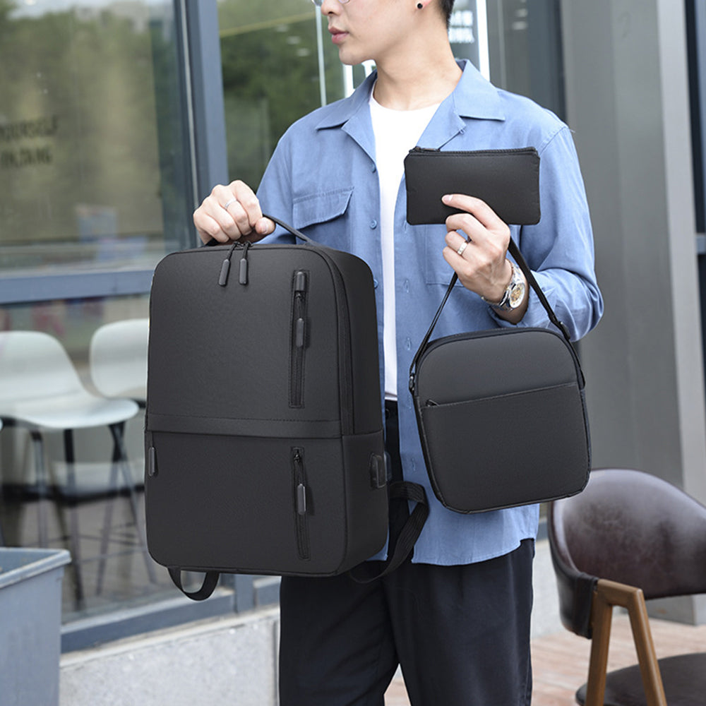 3Pcs Laptop Backpack Business Shoulder Bag Purse with USB Charging Port Black