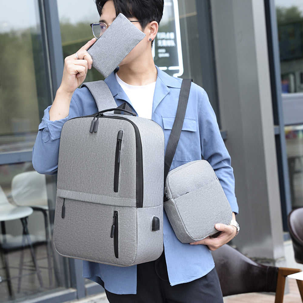 3Pcs Laptop Backpack Business Shoulder Bag Purse with USB Charging Port Grey