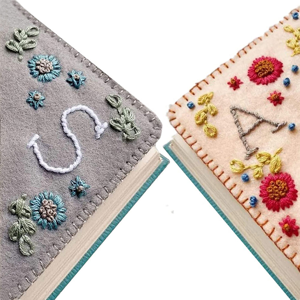 2 X Hand Stitched Embroidered Corner Bookmarks Fall Winter