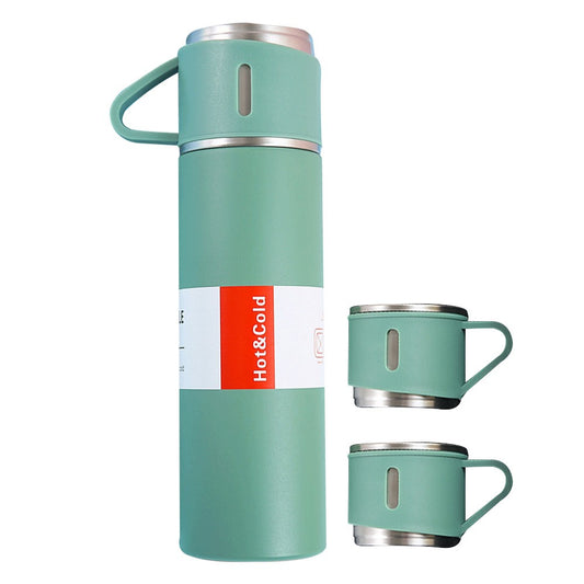 Double Layer Stainless Steel Thermal Cup Camping Tea Cups with 3 Cups Lids Green