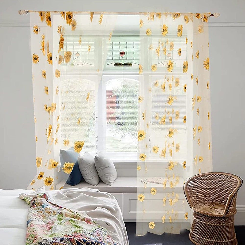 Rod Pocket Curtains Sheer Curtains Sunflower Curtains Window Curtains Voile Curtains 2 Panel