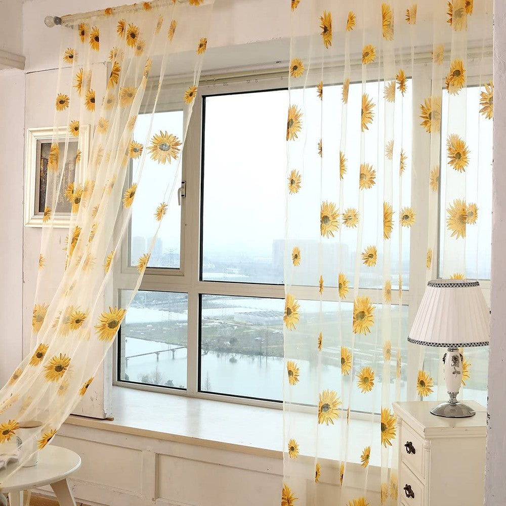 Rod Pocket Curtains Sheer Curtains Sunflower Curtains Window Curtains Voile Curtains 2 Panel