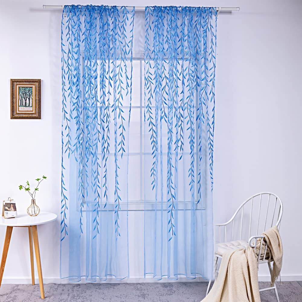 Pair of Willow Curtains Sheer Tulle Curtains Room Door Curtain Home Decor Blue