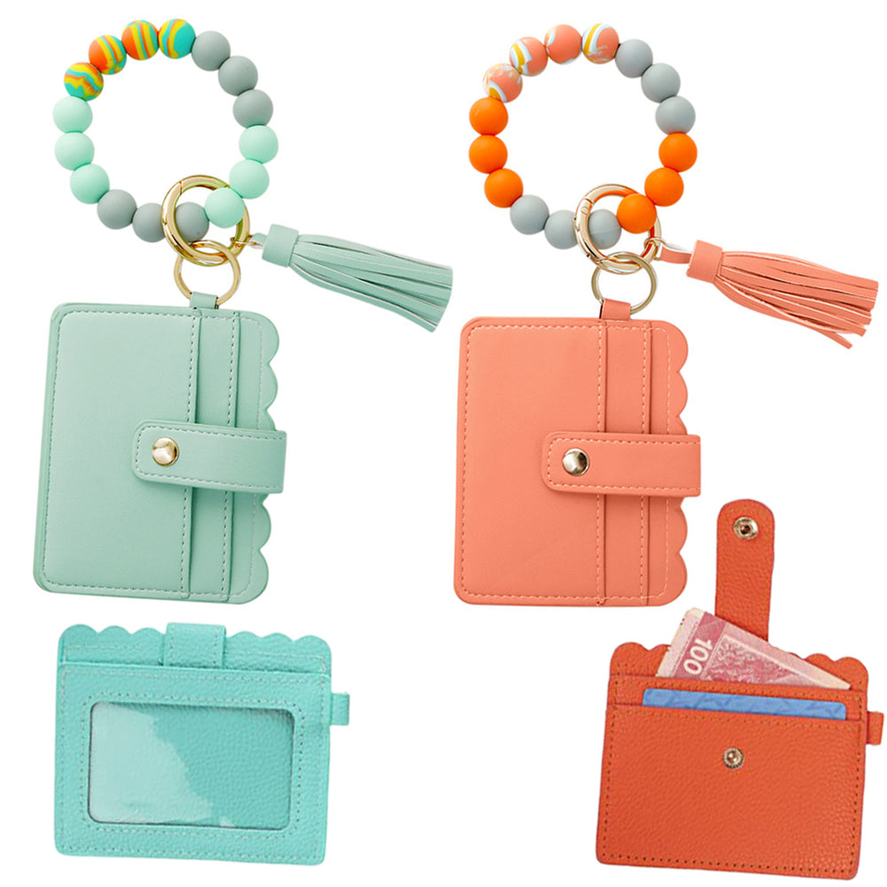 2 X Wristlet Bracelet Keychain Wallet Bangle Key Ring Card Holder Green Orange