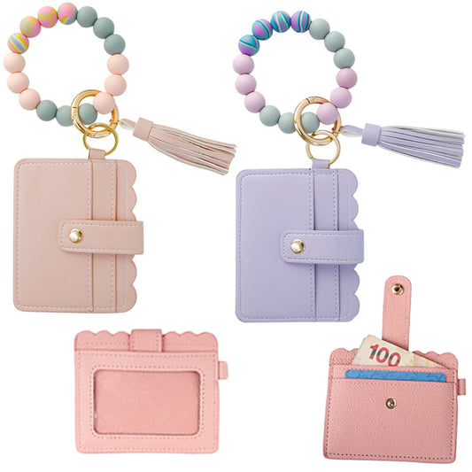 2 X Wristlet Bracelet Keychain Wallet Bangle Key Ring Card Holder Pink Purple