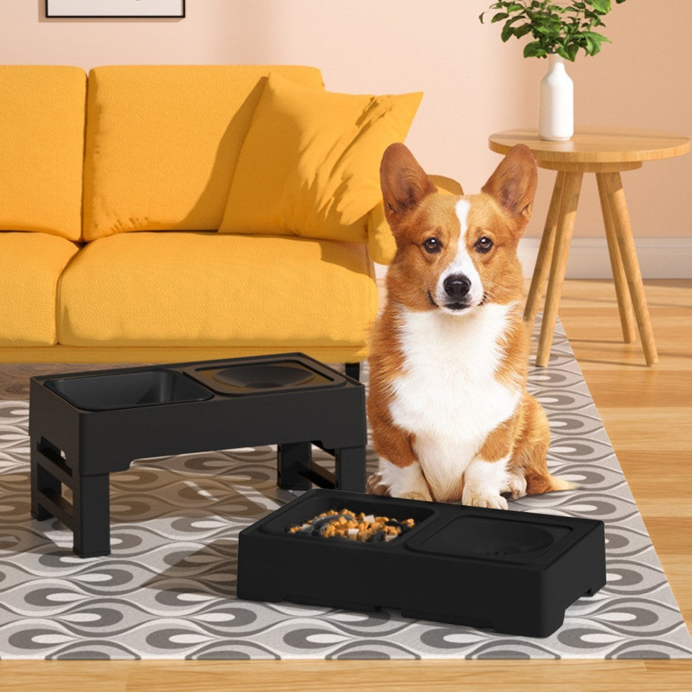 Elevated Pet Slow Feeding Bowl Water Bowl with 4 Height Adjustable Stand Black