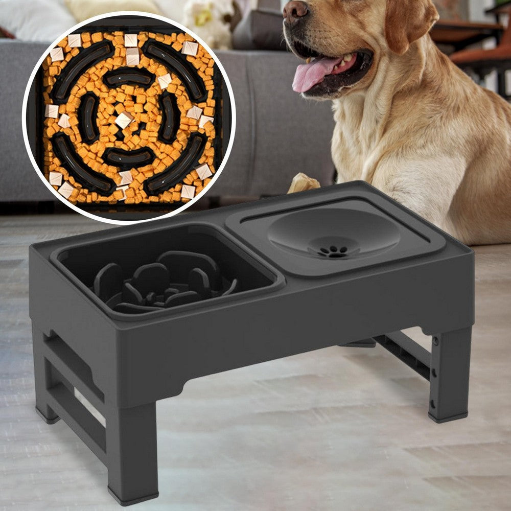 Elevated Pet Slow Feeding Bowl Water Bowl with 4 Height Adjustable Stand Black