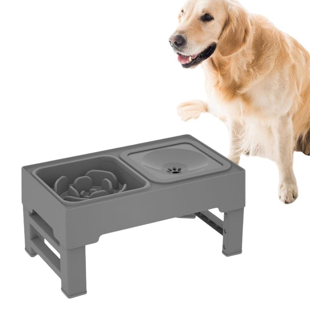 Elevated Pet Slow Feeding Bowl Water Bowl with 4 Height Adjustable Stand Grey
