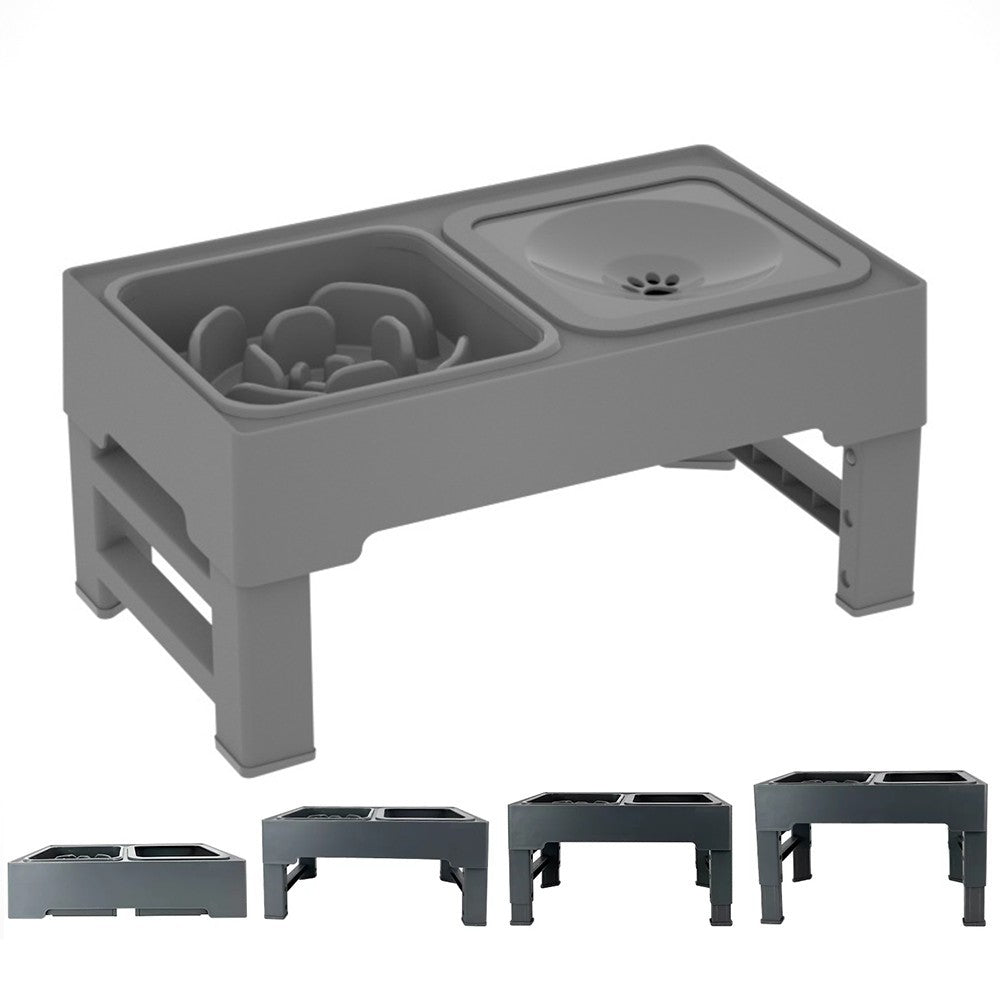 Elevated Pet Slow Feeding Bowl Water Bowl with 4 Height Adjustable Stand Grey