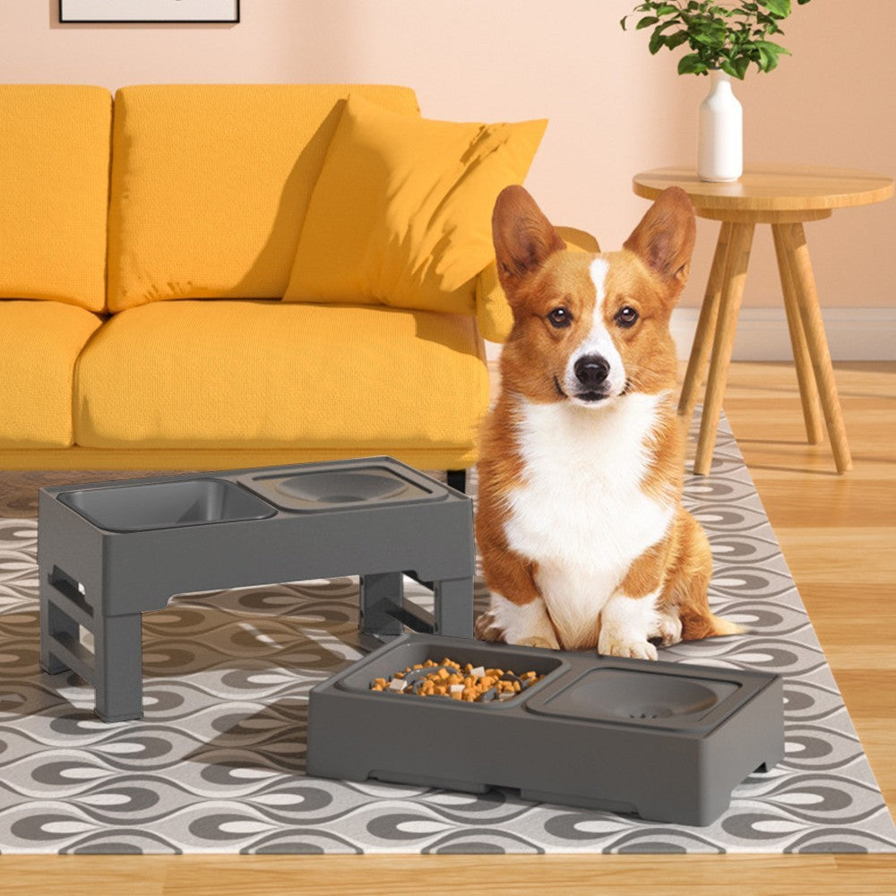 Elevated Pet Slow Feeding Bowl Water Bowl with 4 Height Adjustable Stand Grey