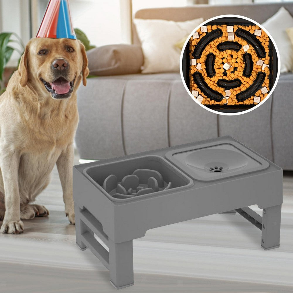 Elevated Pet Slow Feeding Bowl Water Bowl with 4 Height Adjustable Stand Grey