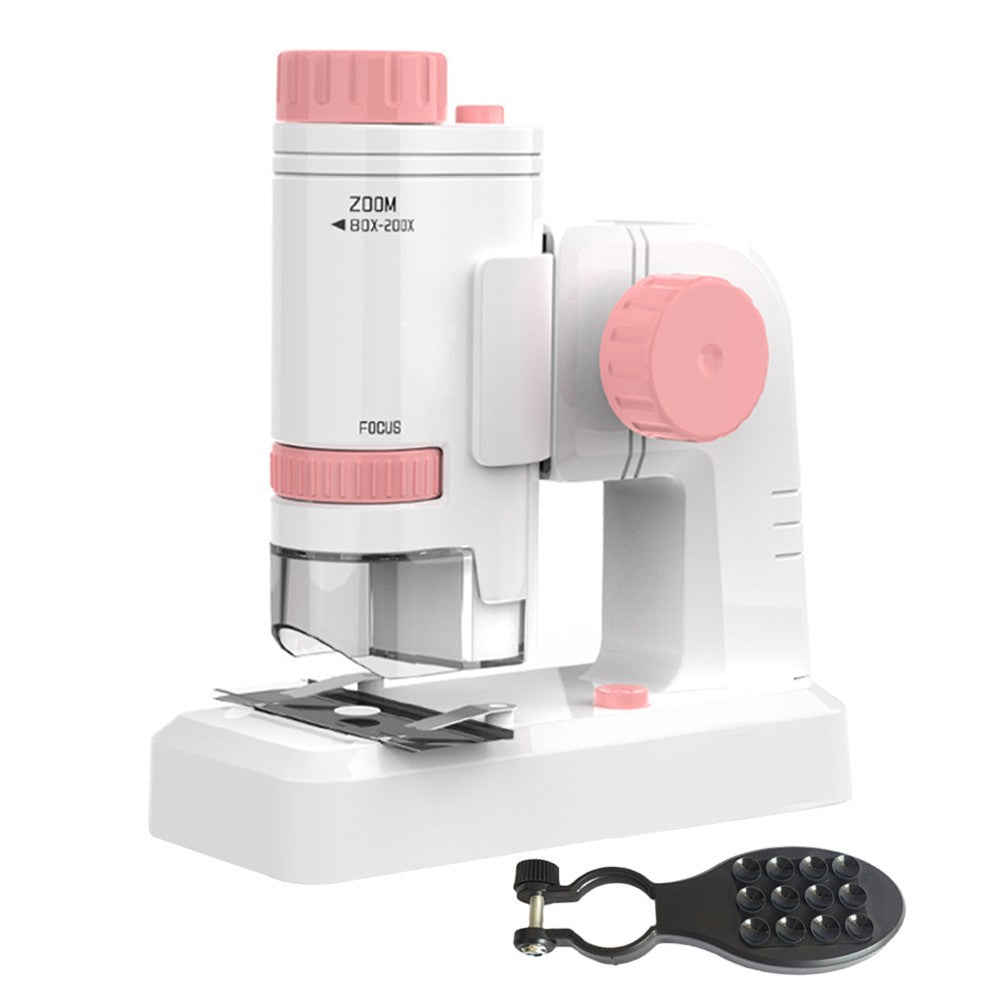80X-200X Magnifying Mini Microscope with Base Kids Science Educational Kit Pink
